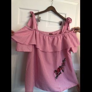 ASOS curve Lovedrobe gingham check bardot blouse.